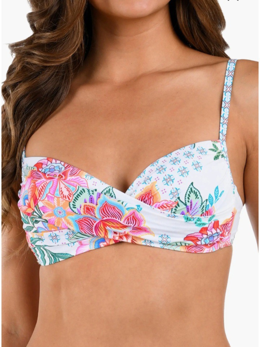 La Blanca White Bikini Top with Pink, Orange & Blue Floral Print